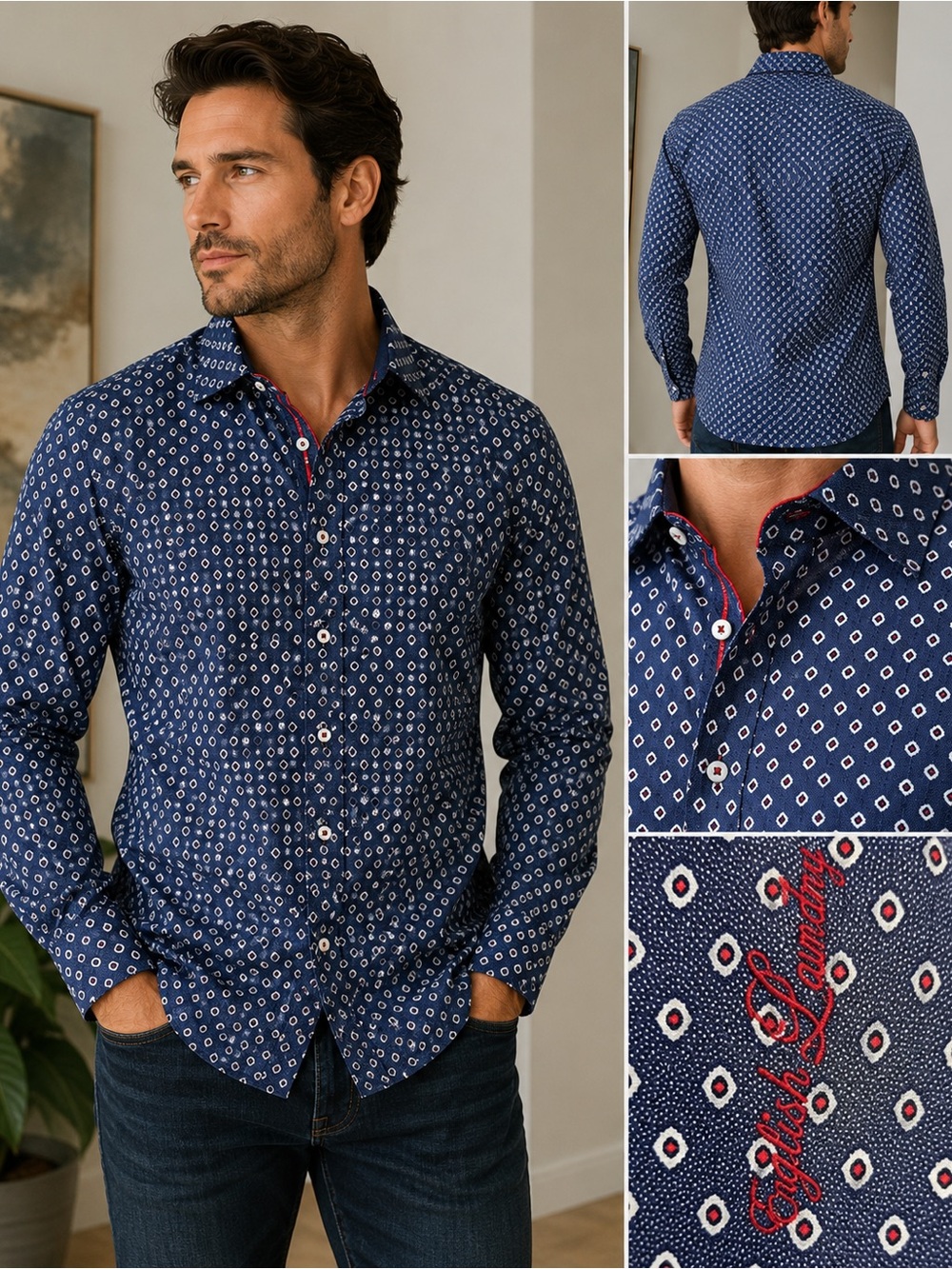 English Laundry Men's Large Blue Geometric Button Down Shirt 100% Cotton
